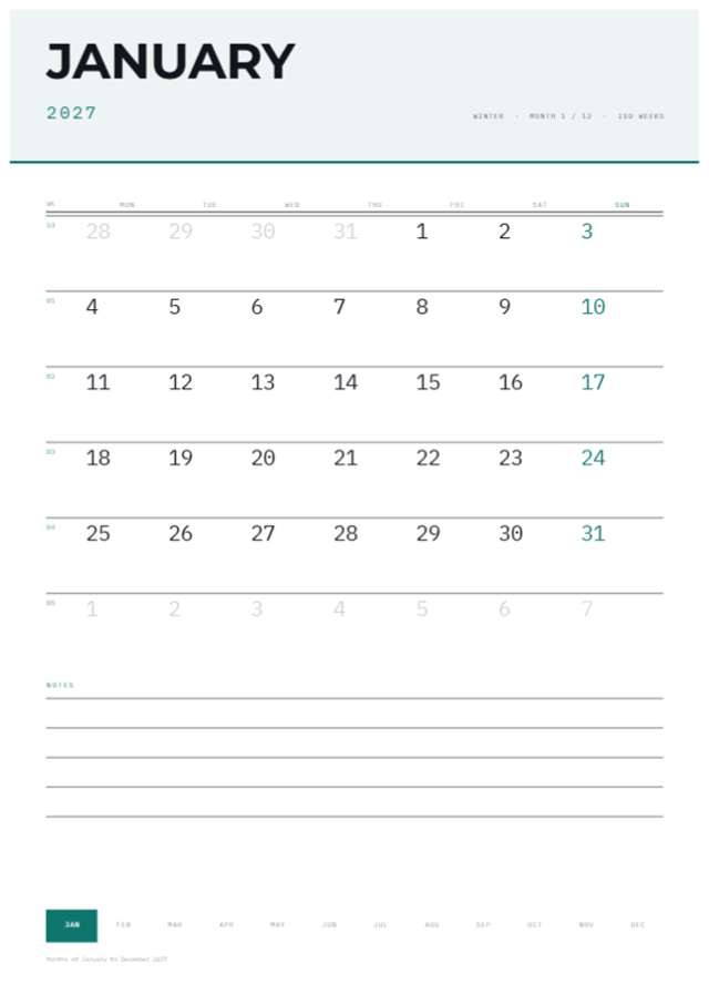 Calendar 2027 — A4 portrait — 210×297mm · 12 p.
