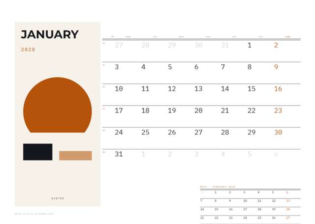 Calendar 2028 — A4 landscape — 297×210mm · 12 p.